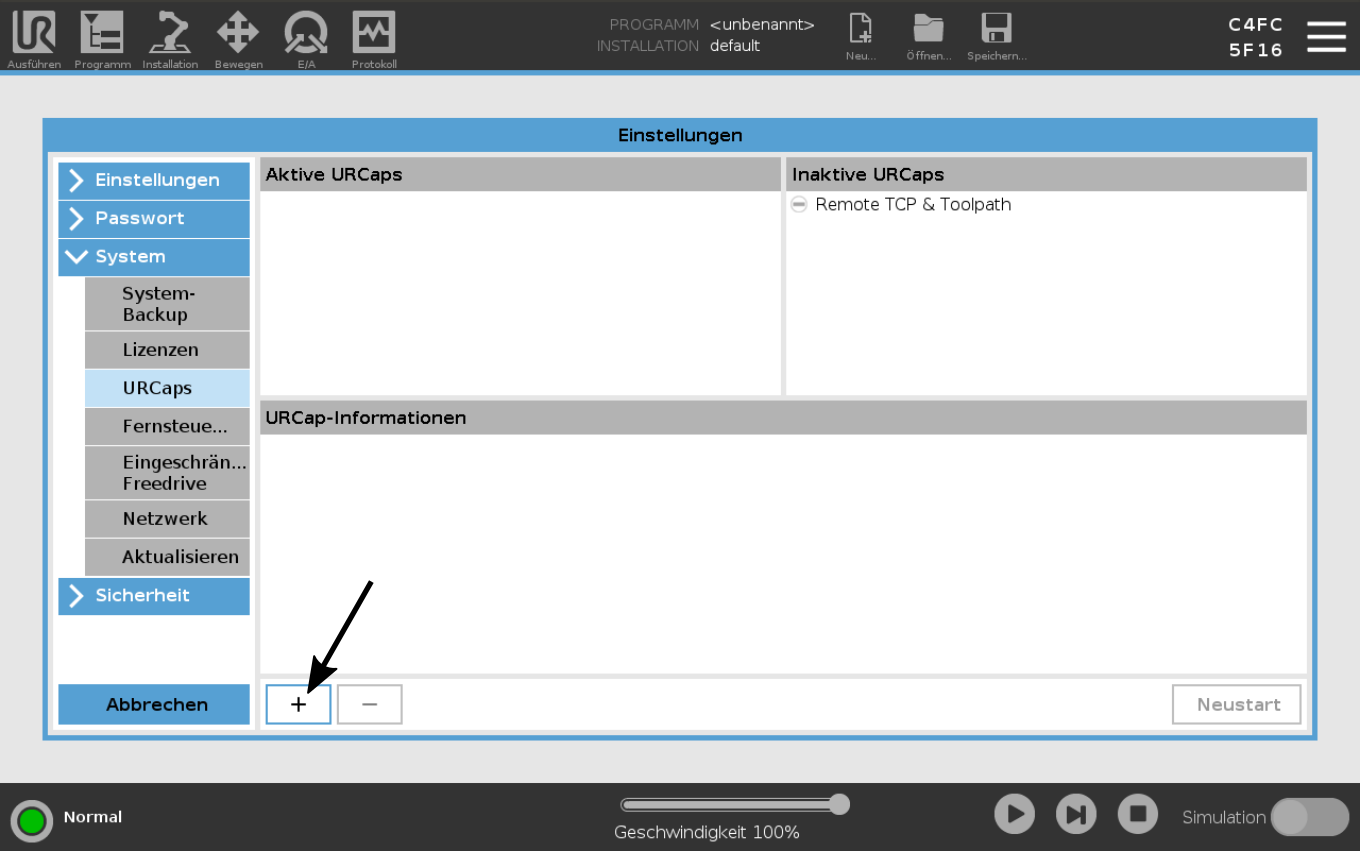 URCap‑Installationsdatei auf USB‑Stick